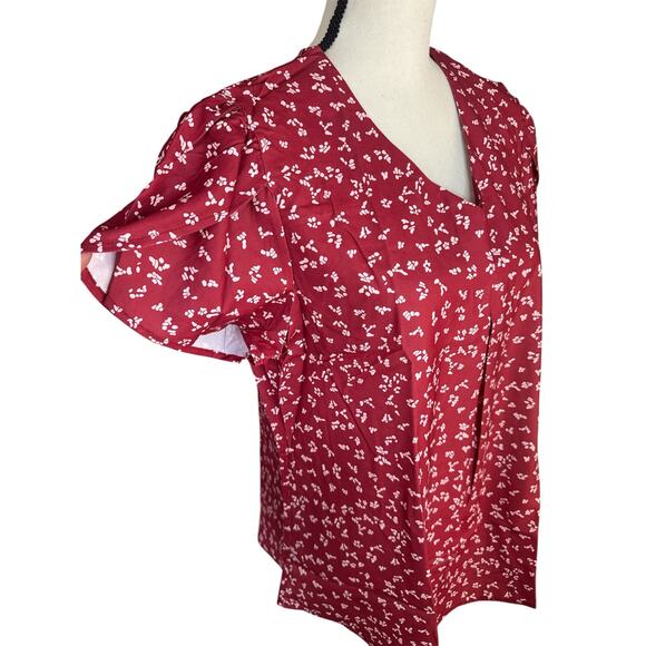 Women's Large Short Sleeve Chiffon Blouse Loose Fit Split V Neckline Red Summer - Picture 5 of 8